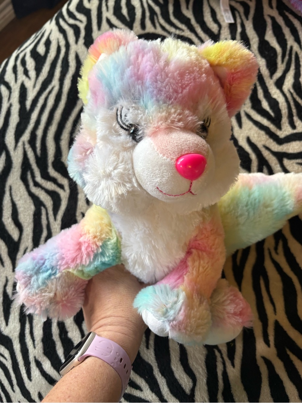 Rainbow Pastel Plush Bear with Pink Nose - Soft Multicolor Cuddle Toy